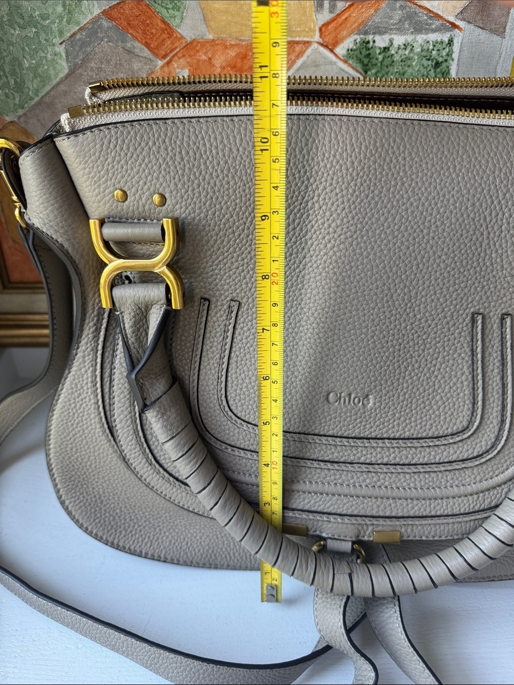 Neutral Taupe Gray Shoulder Bag with Gold Hardware - Picture 10 of 12